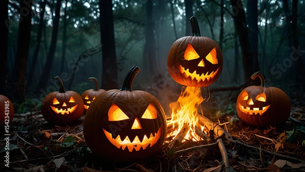 Fototapeta A circle of pumpkins with terrifying faces performing a ritual in the woods, their flames forming ghostly shapes in the air'.