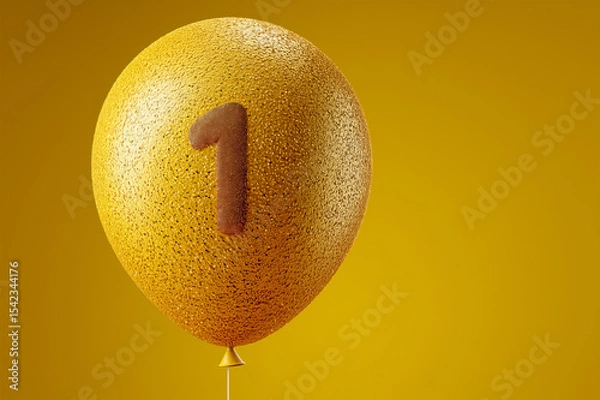 Fototapeta Gold Glitter Balloon with Number One on Yellow Background