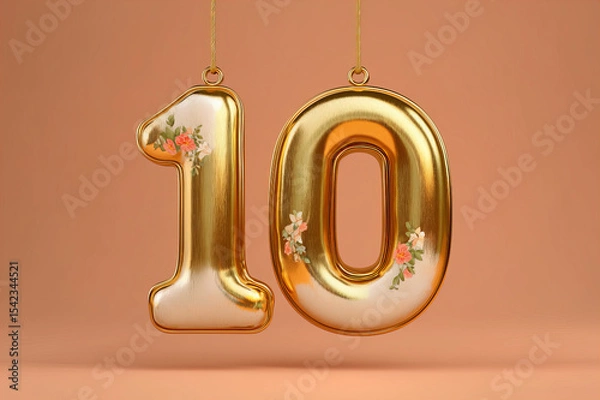 Fototapeta Gold and Off White Floral Number Ten Balloons on Peach Background