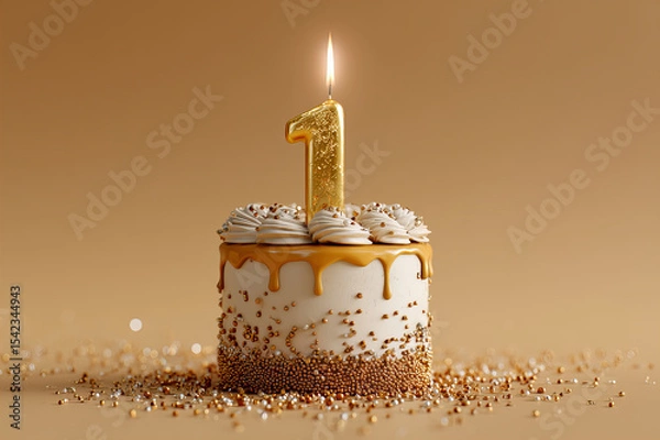 Fototapeta Gold Number One Candle on Small Drip Cake with Sprinkles