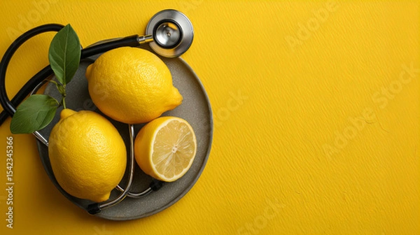 Fototapeta Vibrant Yellow Background Lemons Stethoscope Wellness Concept