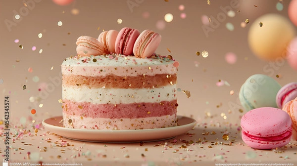 Fototapeta Pastel Layered Cake with Macarons and Confetti