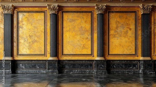 Fototapeta Grand Interior Design: Elegant Yellow and Black Marble Wall with Classic Columns