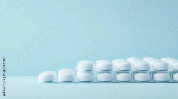 Fototapeta Stack of White Pills on Light Blue Background