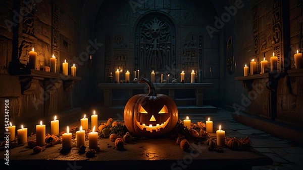 Fototapeta A glowing pumpkin grave altar in a dark crypt, surrounded by skulls, lit candles, and ancient symbols on the walls.