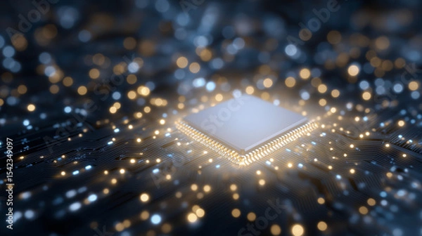 Fototapeta High-Tech Microchip Macro View with Illuminated Components