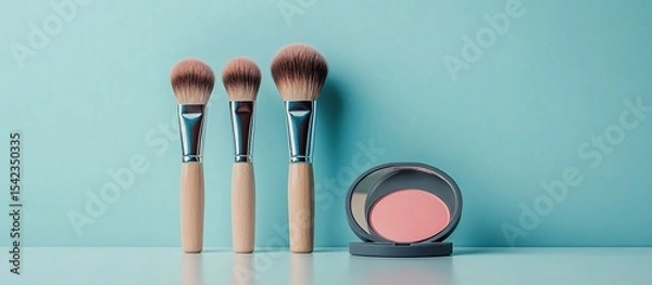 Fototapeta Elegant Makeup Brushes and Blusher on Teal Background