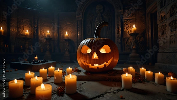 Fototapeta A glowing pumpkin grave altar in a dark crypt, surrounded by skulls, lit candles, and ancient symbols on the walls.