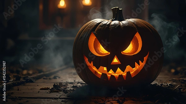 Fototapeta A demonic portal opening from the mouth of a carved pumpkin, releasing twisted spirits and black smoke into the night.