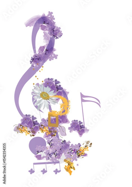 Obraz Abstract nature treble clef decorated with summer and spring flowers, notes, birds. Light and relax music. Hand drawn vector illustration.