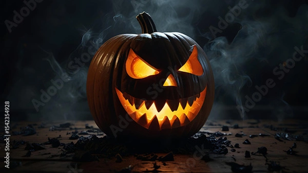 Fototapeta A demonic portal opening from the mouth of a carved pumpkin, releasing twisted spirits and black smoke into the night.