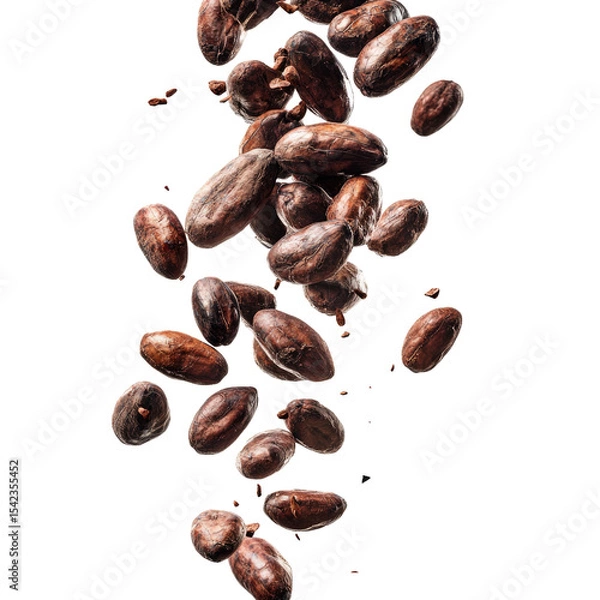 Obraz Falling cocoa beans raw cacao seeds isolated against black background close up shot