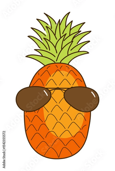 Obraz Pineapple with sunglasses hand drawn illustration, isolated vector. Line art style design. Summer clip art, seasonal element, print. Tropical fruit, exotic food, funny cartoon character, symbol