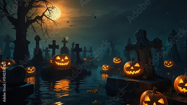 Fototapeta An underwater graveyard where haunted jack-o'-lanterns float above tombstones, illuminating the darkness with a ghostly orange glow.