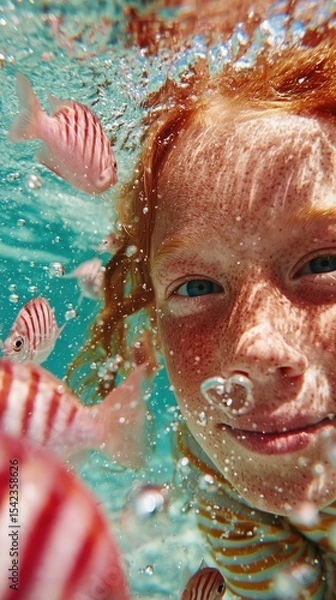Obraz A bright and joyful underwater photo showing a close-up of a red-haired, freckled child swimming among pink-striped tropical fish. The child’s eye is in focus