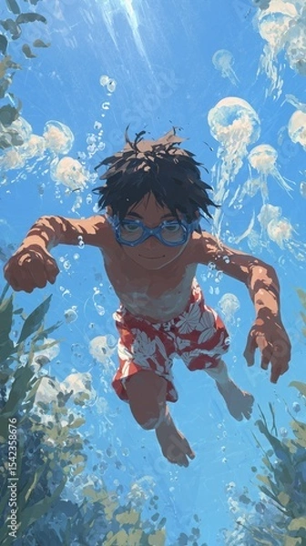 Obraz An expressive digital illustration of a young boy swimming confidently underwater in a tropical sea, surrounded by translucent jellyfish and air bubbles. 