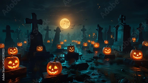 Fototapeta An underwater graveyard where haunted jack-o'-lanterns float above tombstones, illuminating the darkness with a ghostly orange glow.