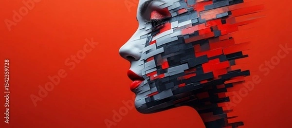 Fototapeta Abstract Digital Face: Red, Black, and White Pixelated Portrait