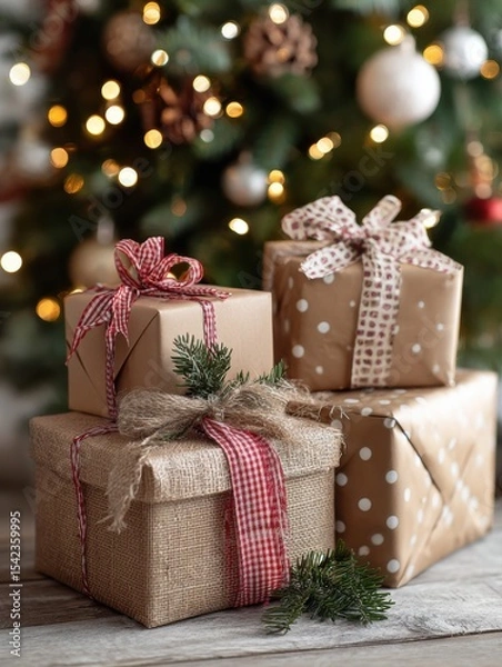 Fototapeta Holiday Season Gratitude Activity List With Wrapped Gifts Under a Beautifully Decorated Tree