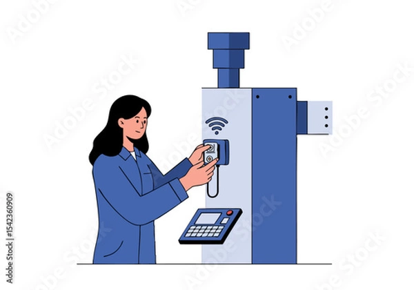 Fototapeta A professional woman connects a sensor to a machine, initiating setup. Clean, modern illustration with a focus on technology and workflow. Suitable for business and industrial themes.