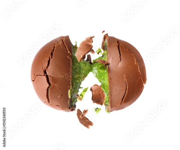 Fototapeta Cracked chocolate shell with green filling splashing out. Dubai chocolate is made with pistachio paste and kadayif