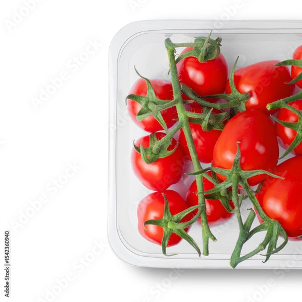 Fototapeta Top view of fresh cherry tomatoes on the vine in a plastic container