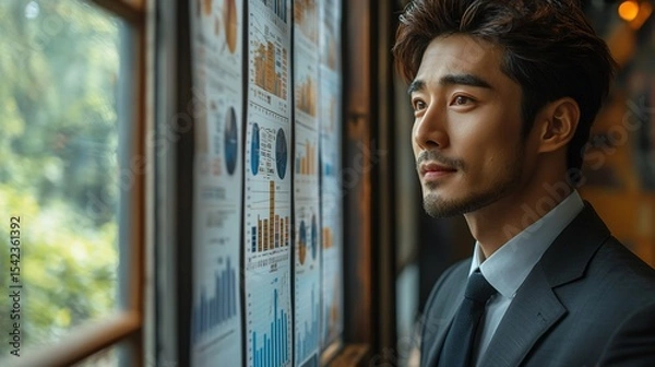 Fototapeta Contemplative Businessman by Window, Reviewing Charts