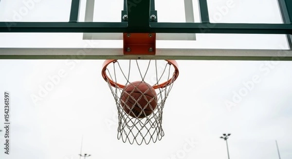 Fototapeta Basketball going through the hoop with a chain net against a cloudy sky. Perfect for showcasing achievement, victory, and outdoor sports.