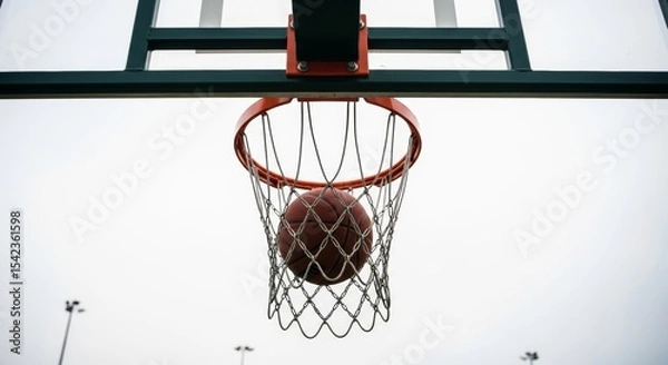 Fototapeta A basketball perfectly captured mid-air, scoring through a metal chain net on an orange hoop. Ideal for sports, success, and game themes.