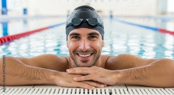 Fototapeta Happy young man in a swimming cap and goggles looking at camera from the pool. Ideal for illustrating recreation, training, and aquatic activities.