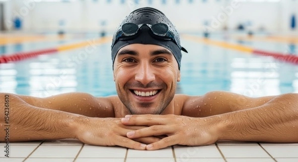 Fototapeta A cheerful male swimmer with goggles and a cap smiles broadly while leaning on the edge of a pool. Perfect for sports, fitness, and healthy lifestyle themes.