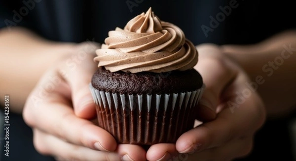 Fototapeta Close-up of a delicious chocolate cupcake with swirled frosting, gently held in hands. Perfect for bakery, dessert, and celebration themes.