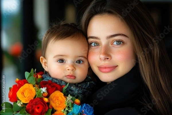 Fototapeta A happy mum holds her baby in her arms. Generative AI