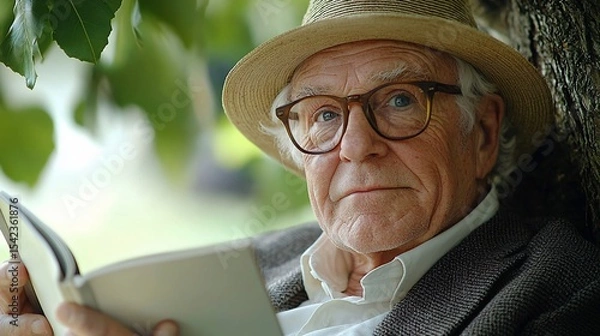 Fototapeta Elderly man reads a book under a tree