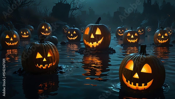 Fototapeta An underwater graveyard where haunted jack-o'-lanterns float above tombstones, illuminating the darkness with a ghostly orange glow.