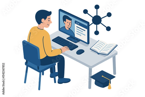 Fototapeta A student is depicted studying at a computer in a character study, surrounded by web and network elements, with a man reading in preparation for graduation, suitable for use in web banners