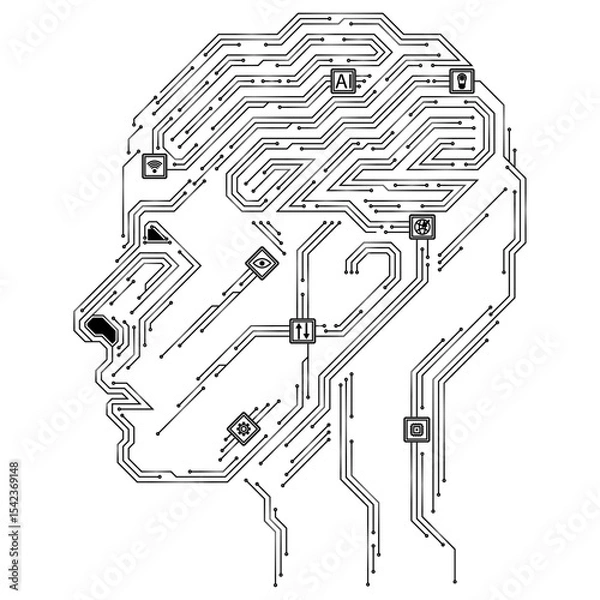 Fototapeta Silhouette of an artificial intelligence head in the form of a circuit board and sensors. The concept of digital thinking and technologies of the future. White background.