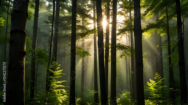 Fototapeta Sunlight filtering through tall forest trees, fresh green tones, natural vertical image