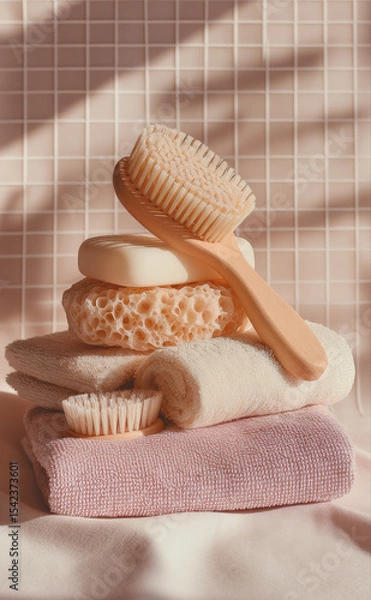 Fototapeta Accesorios de spa con cepillos naturales y toallas suaves con iluminación cálida en un cuarto de daño con pared en tono beige pastel de gresite