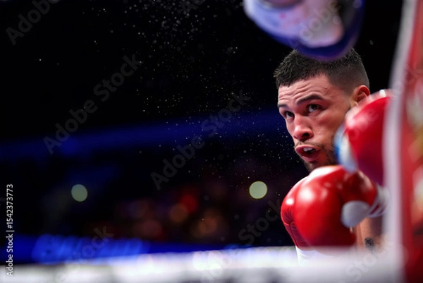 Obraz A boxer displays fierce concentration while preparing for a bout in the ring, surrounded by cheering fans and bright arena lights at a major event. Generative AI.