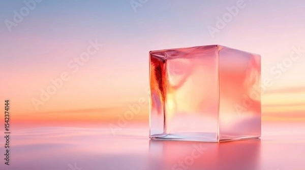 Fototapeta A minimalist, transparent cube stands alone against a beautifully blended pastel sunset sky, emphasizing the beauty of simplicity and modern design.