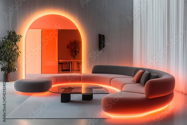 Obraz Modern Living Room with Illuminated Sectional Sofa - Futuristic Interior