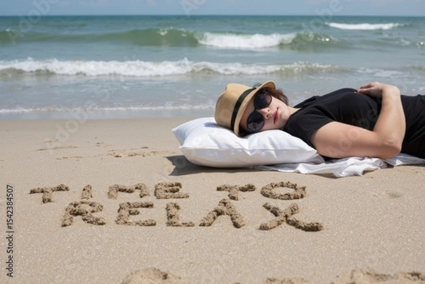 Obraz Relaxing on the Beach: Person in Sunglasses and Sun Hat with Time to Relax Message in Sand