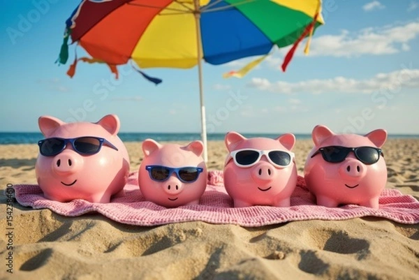 Obraz Pink Piggybank Family Relaxing on the Beach with Sunglasses and Beach Umbrella