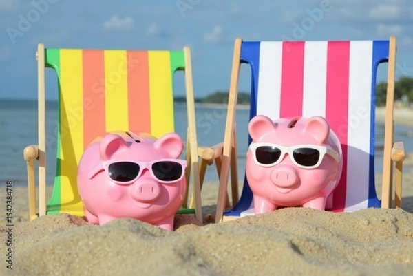 Obraz Piggybanks with Sunglasses Enjoying a Day at the Beach