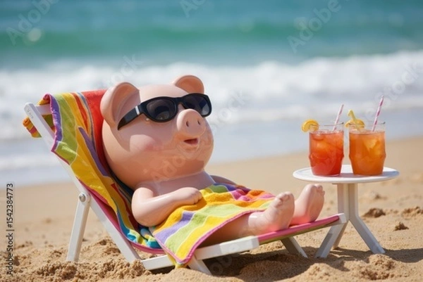 Obraz Piggy Bank Chilling on Beach Chair with Ocean View