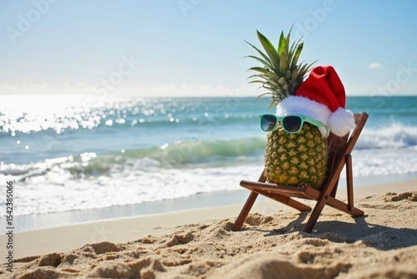 Obraz A Festive Pineapple at the Beach: Santa Hat and Sunglasses on a Deck Chair with Ocean Views