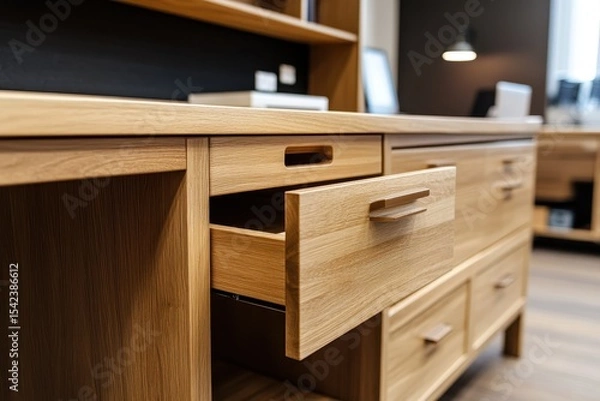 Fototapeta Contemporary Wooden Desk Storage Solution with Drawers and Shelf for Organized Office Space
