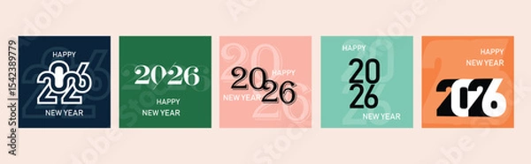Obraz Set of 2026 Happy New Year logo text design. 2026 number design template. Collection of 2026 Happy New Year card, cover, poster. Vector illustration with labels isolated on colorful background...