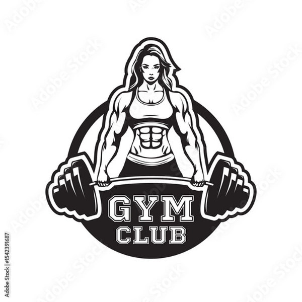 Fototapeta Fitness club Logo, Strong Woman with Barbell